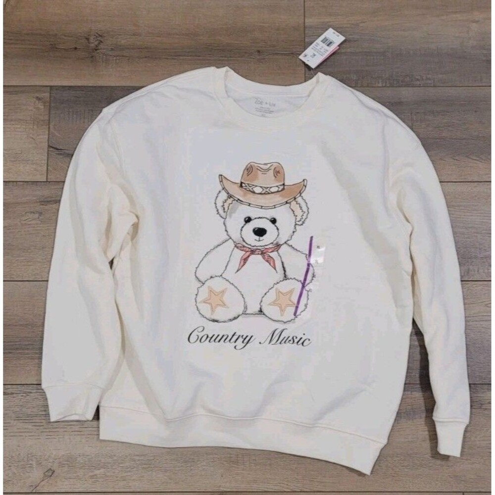 NW Zoe + Liv Women’s Country Music Teddy Bear Graphic Sweatshirt Sz XL Off White